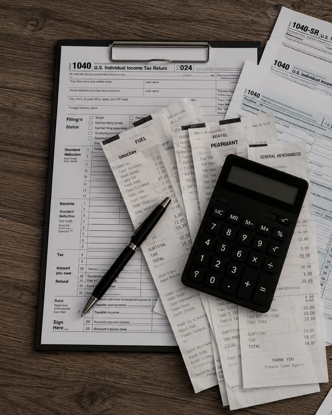 A 1040 return, receipts and a calculator